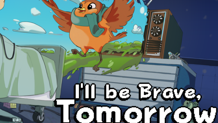 the image is artwork from the game I'll Be Brave, Tomorrow. The image begins in a dark room at night time, the room has a clinical set of drawers in front and a hospital bed to the left. On top of the drawers is a vintage-style tv. Bursting from the tv is a colourful game with blue skies, green grass, and a brown bird wearing a blue scarf.