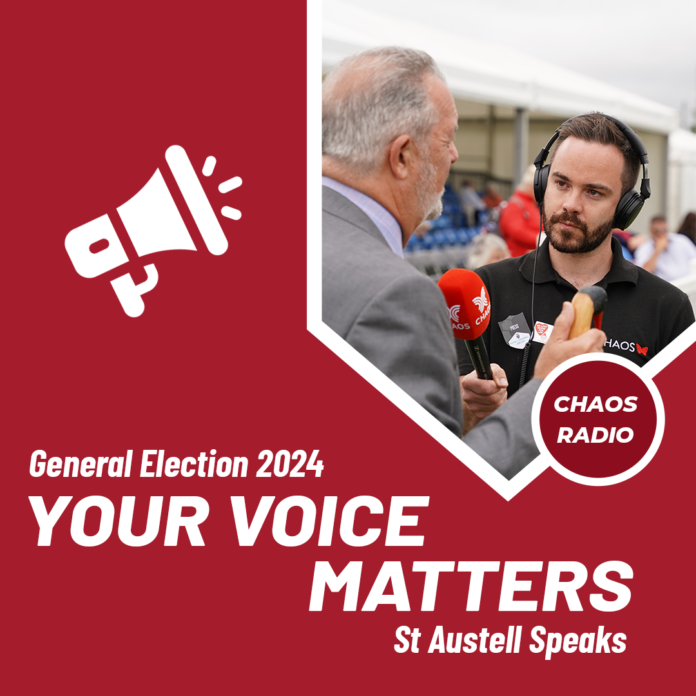 to the left; a red background with white text that reads: general election 2024, your voice matters, St Austell speaks. to the right; CHAOS Radio journalist is interviewing a gentleman in a grey suit.